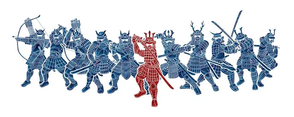 Группа Воинов Самураев Ронин Оружием Бронетехникой Готова Бороться Графическим Вектором — стоковый вектор