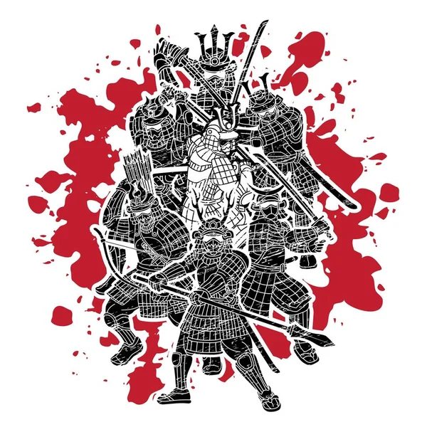 Groupe Samouraïs Guerrier Ronin Avec Arme Armure Action Prêt Combattre — Image vectorielle