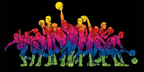 Bowling Spor Erkek Oyuncuları Grubu Grafik Vektörü — Stok Vektör