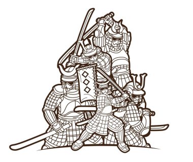 Ronin Japon Dövüşçüleri Silah Grubu 'ndan Samuray Savaşçısı Çizgi film Vektörü