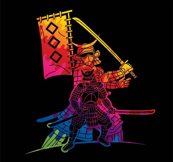 Samurai Guerrero Con Armas Grupo Ronin Japonés Fighter Cartoon Vector — Vector de stock