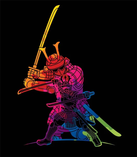 Samurai Guerreiro Com Armas Grupo Ronin Lutador Japonês Cartoon Graphic —  Vetores de Stock