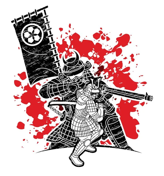 Samuraj Wojownik Grupy Broni Ronin Japoński Fighter Cartoon Graficzny Wektor — Wektor stockowy