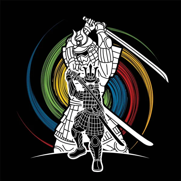 Samurai Guerrero Con Armas Grupo Ronin Japonés Fighter Cartoon Vector — Vector de stock