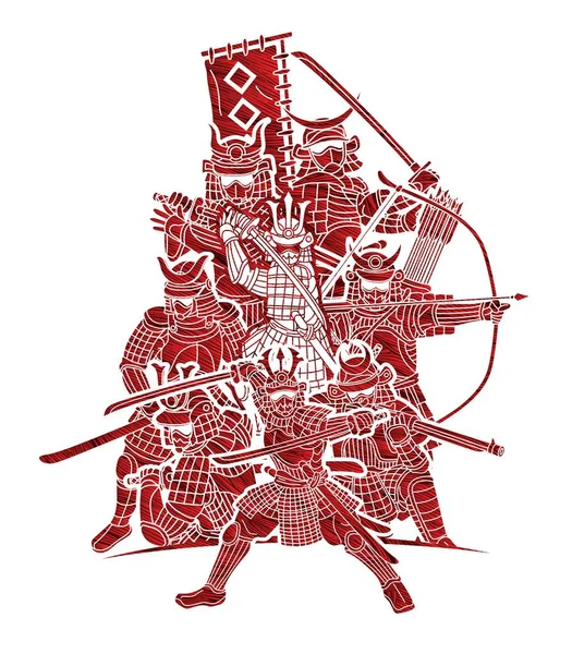 Samurai Guerrero Con Armas Grupo Ronin Japonés Fighter Cartoon Vector — Vector de stock