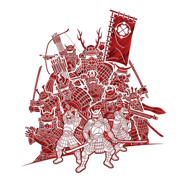 Samurai Warrior Weapons Group Ronin Japanese Fighter Cartoon Graphic Vector — 스톡 벡터