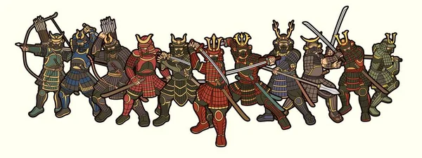 Samurai Warrior Met Wapens Groep Van Ronin Japanse Fighter Cartoon — Stockvector