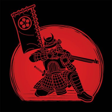 Samuray Savaşçısı ya da Ronin Japon Avcı Hareketi Zırh ve Silah Çizgi Filmi Grafik Vektörü
