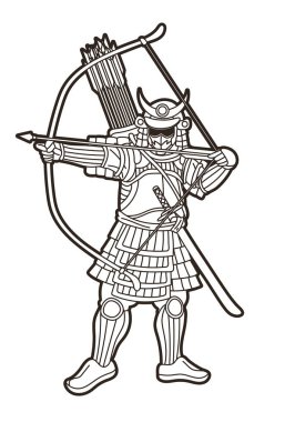 Samuray Savaşçısı ya da Ronin Japon Avcı Hareketi Zırh ve Silah Çizgi Filmi Grafik Vektörü