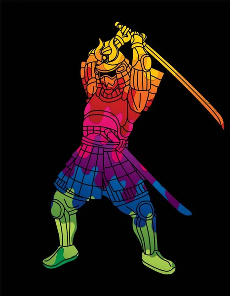 Samurai Warrior Sau Ronin Japonez Fighter Acțiune Armură Arme Desene — Vector de stoc