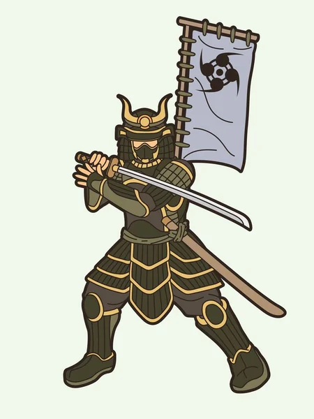 Samurai Warrior Tai Ronin Japanilainen Taistelija Toiminta Panssari Ase Sarjakuva — vektorikuva
