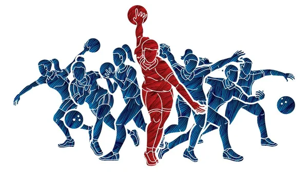 Bowling Sport Bowler Female Players Action Cartoon Graphic Vector — Vector de stock