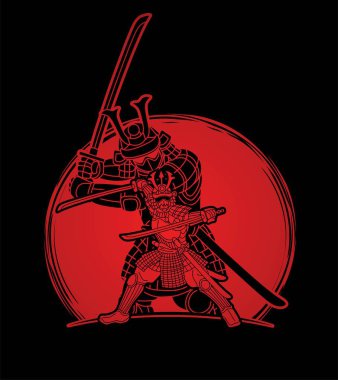 Silah Ronin Eylemi ile Samuray Savaşçısı Çizgi film Grafik Vektörüyle Savaşmaya Hazır.
