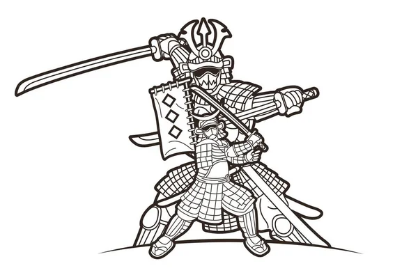 Samurai Guerriero Con Arma Ronin Azione Pronto Lottare Cartoon Graphic — Vettoriale Stock