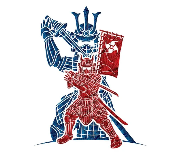 Samurajský Bojovník Zbraní Ronin Action Připraven Boji Proti Karikatuře Grafický — Stockový vektor
