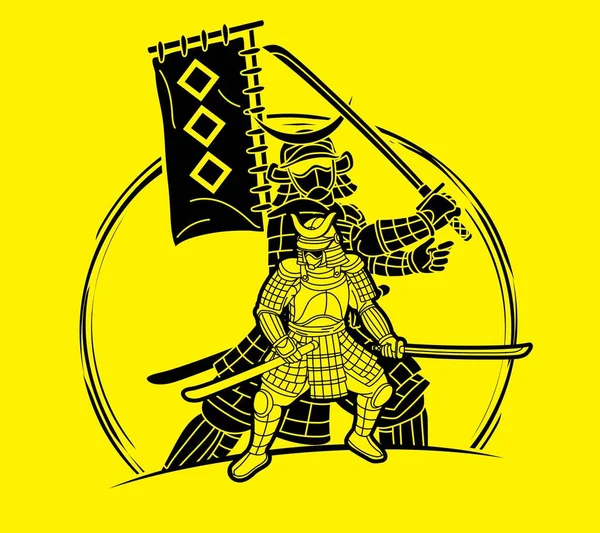 Samurai Guerriero Con Arma Ronin Azione Pronto Lottare Cartoon Graphic — Vettoriale Stock