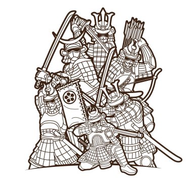 Bir grup Samuray Savaşçısı Silah Ronin Japon Dövüşçüsü Çizgi film Vektörü