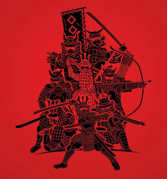Группа Самурайского Воина Оружием Ronin Japanese Fighter Cartoon Graphic Vector — стоковый вектор