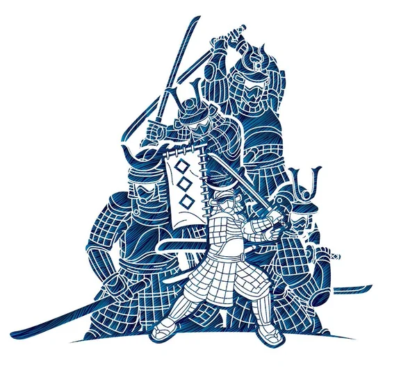 Groep Van Samurai Warrior Met Weapon Ronin Japanse Fighter Cartoon — Stockvector
