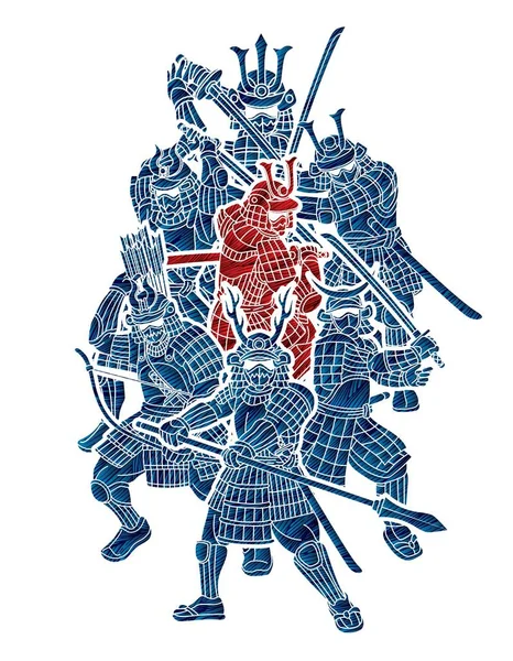Group Samurai Warrior Weapon Ronin Japanese Fighter Cartoon Graphic Vector — Stock Vector