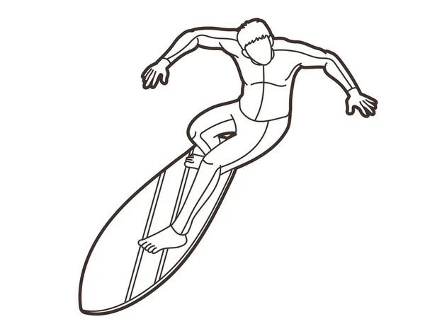 Surf Deporte Jugador Masculino Surfer Acción Dibujos Animados Vector Gráfico — Archivo Imágenes Vectoriales