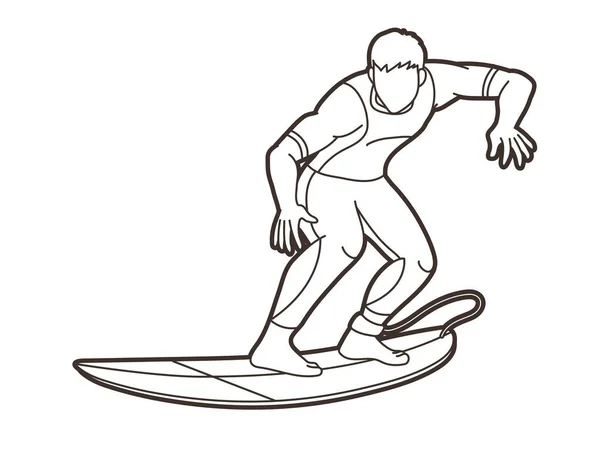Sörf Sporcusu Sörfçü Sörfçü Eylem Çizgi Filmi Grafik Vektörü — Stok Vektör