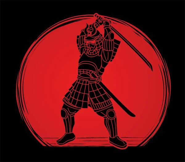 Samurai Warrior Όπλο Bushido Δράση Έτοιμη Καταπολεμήσει Cartoon Graphic Vector — Διανυσματικό Αρχείο