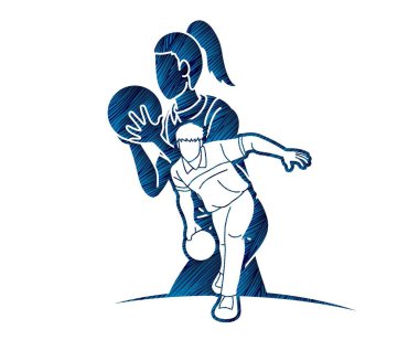 Bowling Spor Oyuncuları Bowlingci Erkek ve Kadın Eylem Çizgi Filmi Grafik Vektörü