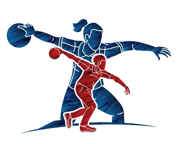 Bowling Sport Joueurs Bowler Homme Femme Action Cartoon Graphic Vector — Image vectorielle