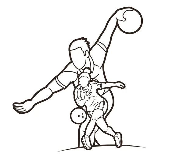 Bolos Jugadores Deportivos Jugador Bolos Hombre Mujer Acción Dibujos Animados — Archivo Imágenes Vectoriales