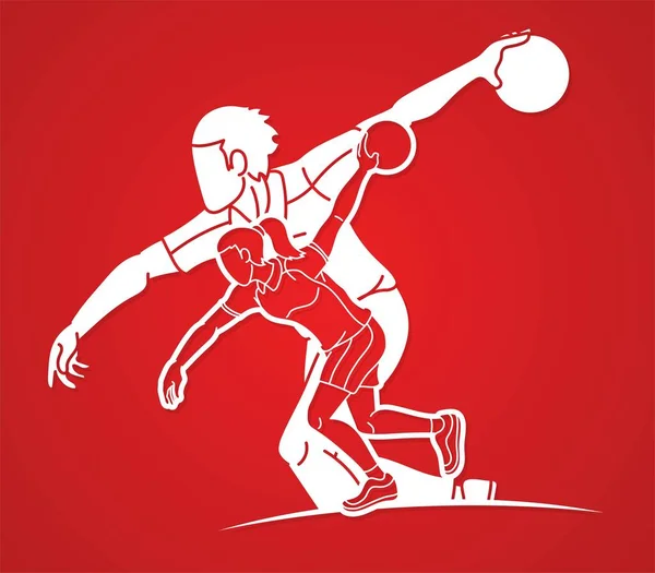 Bolos Jugadores Deportivos Jugador Bolos Hombre Mujer Acción Dibujos Animados — Archivo Imágenes Vectoriales