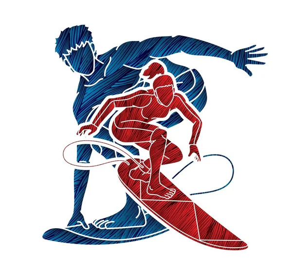 Surf Sport Joueurs Masculins Féminins Cartoon Graphic Vector — Image vectorielle