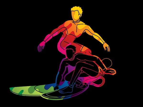 Gruppo Surfer Azione Surf Sport Uomo Giocatori Cartoon Graphic Vector — Vettoriale Stock