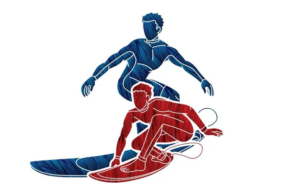 Groupe Surfeurs Action Surf Sport Homme Joueurs Cartoon Graphic Vector — Image vectorielle