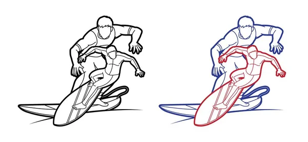 Grupo Surfistas Acción Surf Deporte Jugadores Dibujos Animados Vector Gráfico — Archivo Imágenes Vectoriales