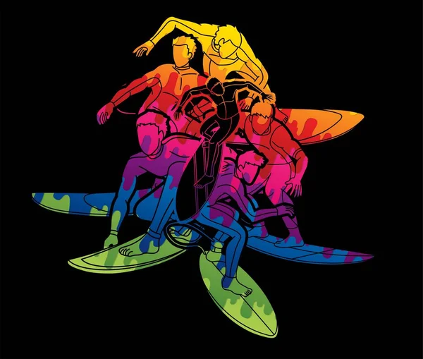 Gruppo Surfer Azione Surf Sport Uomo Giocatori Cartoon Graphic Vector — Vettoriale Stock