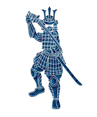 Samuray Savaşçısı ya da Ronin Japon Avcı Hareketi Zırh ve Silah Çizgi Filmi Grafik Vektörü