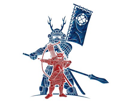 Samuray Savaşçısı ya da Ronin Japon Avcı Hareketi Zırh ve Silah Çizgi Filmi Grafik Vektörü