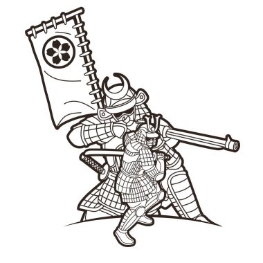 Samuray Savaşçısı ya da Ronin Japon Avcı Hareketi Zırh ve Silah Çizgi Filmi Grafik Vektörü