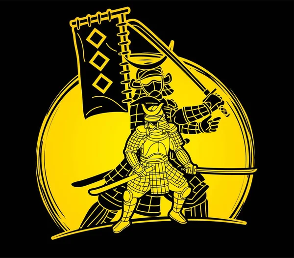Groupe Action Guerrier Samouraï Combattant Japonais Ronin Avec Armure Vecteur — Image vectorielle