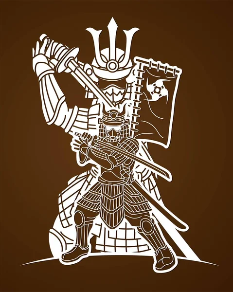 Grupo Samurai Guerrero Ronin Luchador Japonés Acción Con Armadura Arma — Vector de stock