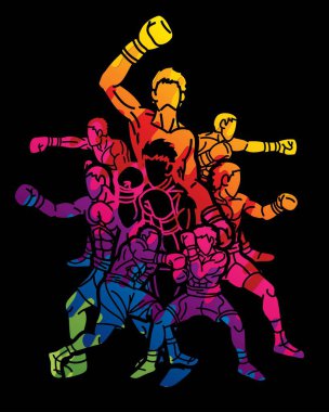 Boksör Karışık Aksiyon Boks Spor Çizgi Filmi Grafik Vektörü Grubu