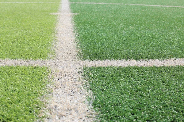 Ausgewählter Fokus Der Weißen Linie Auf Grünem Kunstrasen Indoor Fußballplatz — Stockfoto