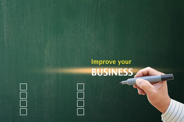 Successful businessman making the Improve your BUSINESS on green board for decision skill for business administrator and plenty of room for copy