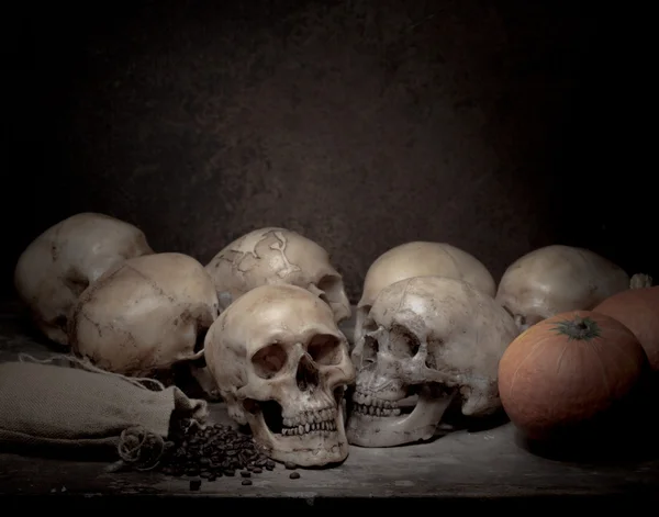 Still Life Art Photography Human Skulls Pumpkins Grunge Background — Stock Photo, Image