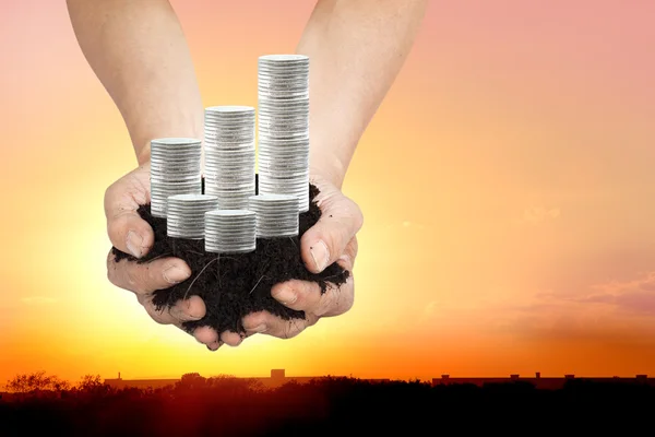 Human Hands Black Soil Silver Coins Medals Presenting Golden Heaven — Stock Photo, Image