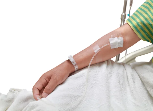 Manlig Patient Med Saltlösning Armen Sittande Sängen Sjukhuset — Stockfoto