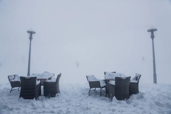 Ένα Εστιατόριο Καλυμμένο Χιόνι Στο Σταθμό Τελεφερίκ Βουνό Tufandag Gabala — Φωτογραφία Αρχείου