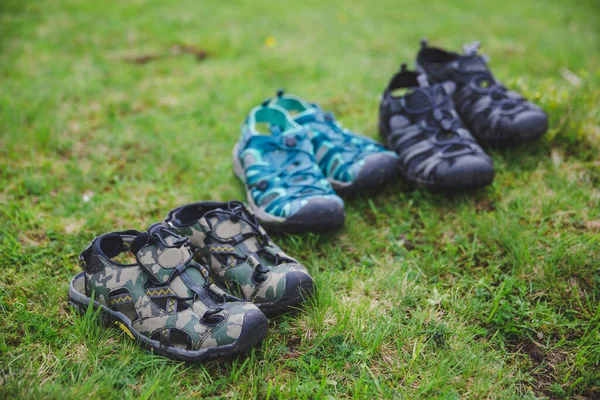 Yeşil Çimlerin Üzerinde Çift Yürüyüş Ayakkabısının Yakın Görüntüsü — Stok fotoğraf