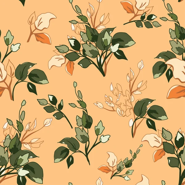 Floral Orange Seamless Pattern Background Green Leaves — стоковий вектор